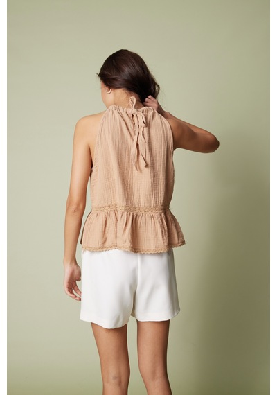 Dantel Detaylı Müslin Top CAMEL