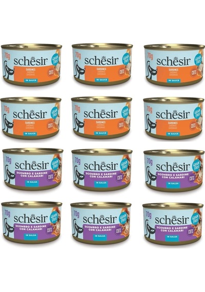 Schesir 2 Çeşit Karma Sardalyalı Sos İçinde Tamamlayıcı Kedi Konservesi 70 G X 12 Adet