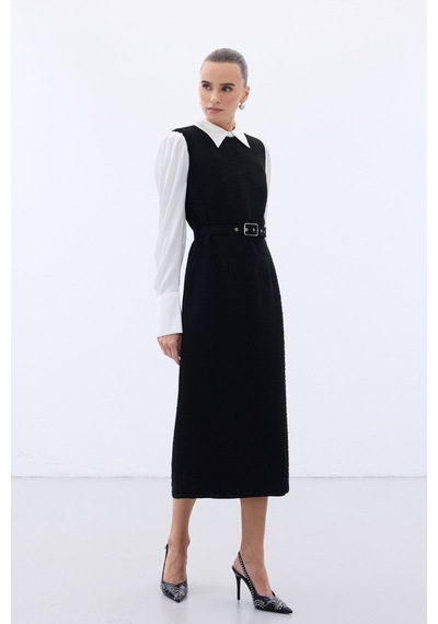 Sateen Kemerli Tüvit Elbise - Siyah-136575 Siyah