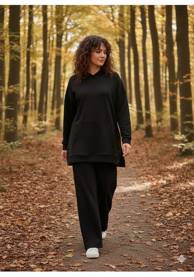 Soft&Basic Kapüşonlu Yanları Çıt Çıt Detaylı Sweatshirt Ve Nervürlü Pantolon Alt Üst Takım Siyah