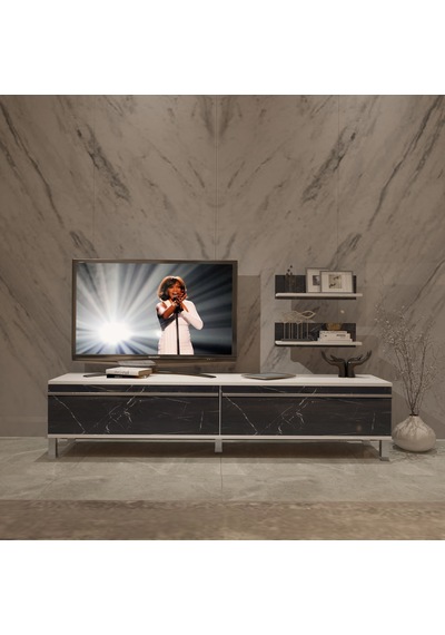 Decoraktiv Eko 4 Mdf Std Krom Ayaklı Tv Ünitesi Tv Sehpası Beyaz - Siyah Mermer