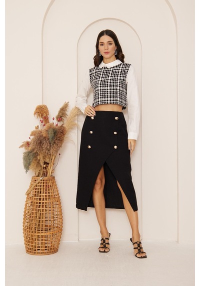 Darlin Moda Siyah Büyük Düğmeli Önden Yırtmaçlı Tweed Etek Dm2030 Siyah