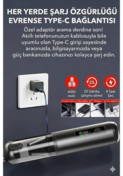 Araç Süpürgesi Şarjlı 120w 20.000pa Göstergeli Yeni Nesil Metal F
