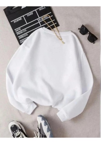 Unisex Üç İplik Biskilet Yaka Sweatshirt - Beyaz 001