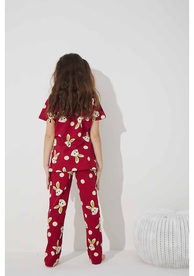 Siyah İnci Pamuklu Likralı Düğmeli Pijama Takım Bordo
