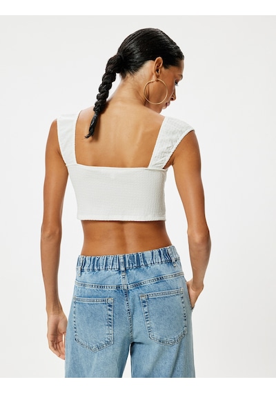 Koton Crop Tişört Bürümcük Sırt Detaylı Kap Kol Kayık Yaka Slim Fit Ekru 4sal30379ık Ekru
