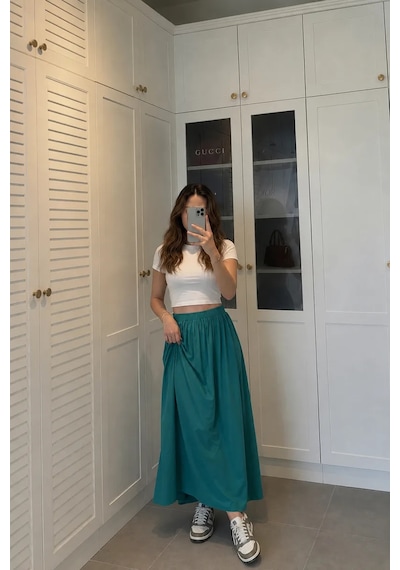 Kadın Petrol Yeşili Poplin Kumaş Uzun Etek Beli Lastikli Günlük Maxi Etek 90 Cm