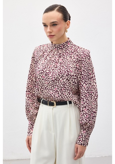 Sateen Desenli Bluz - Mürdüm-137130 Mürdüm