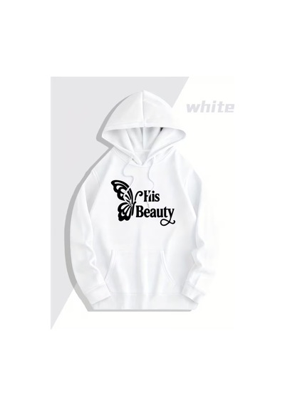 Nevermind Sevgili Çift Kombin Hoodie Set His Beauty Her Beast Baskılı Unise Beyaz