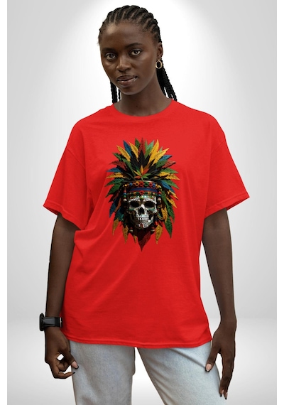 Kurukafa İskelet Kızılderili Tüy Kartal Şefi Pamuklu Bisiklet Yaka Unisex Oversize Boyfriend Dijital Baskılı Kırmızı T-shirt Kırmızı