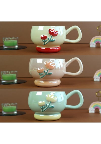 Pastel Çiçek Seramik Kahve Kupası Bm-2364 Beyaz - Çok Renkli