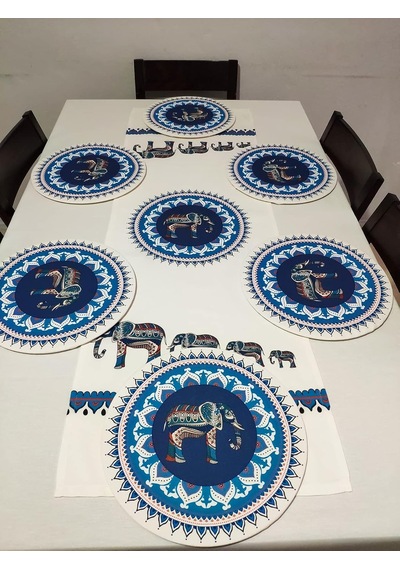 Etnik Fil Desenli Runner, 6'li Supla Set Çok Renkli