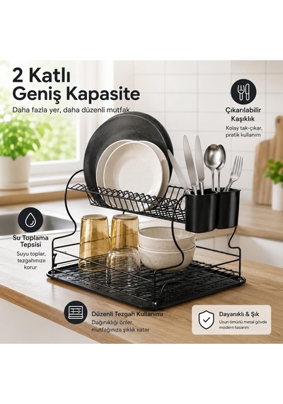 Alper Banyo 2 Katlı Siyah Bulaşıklık Ve Tabaklık, Geniş Kapasitel