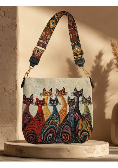 Genel Markalar Goblen Kadın Omuz Çantası Kedi Desen Krem.karışık Renkli Desenli