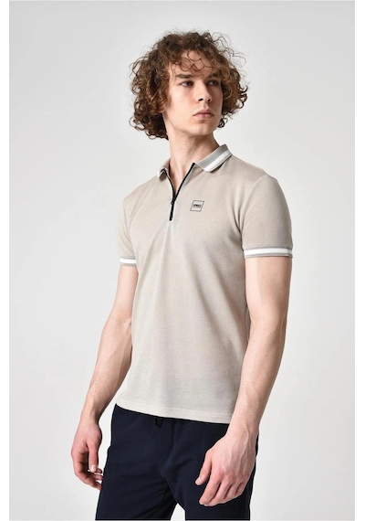 Alexander Gardi Alexandergardı Fermuar Detaylı Polo Yaka T-shirt Barakm Bej - Beyaz