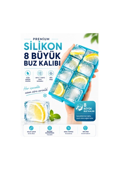 8 Bölmeli Silikon Buz Kalıbı, Büyük Xl Boy Küp Buzlar, Kokteyl Sunum Buz Kalıbı, Et Suyu Saklama - 904901092 Diğer
