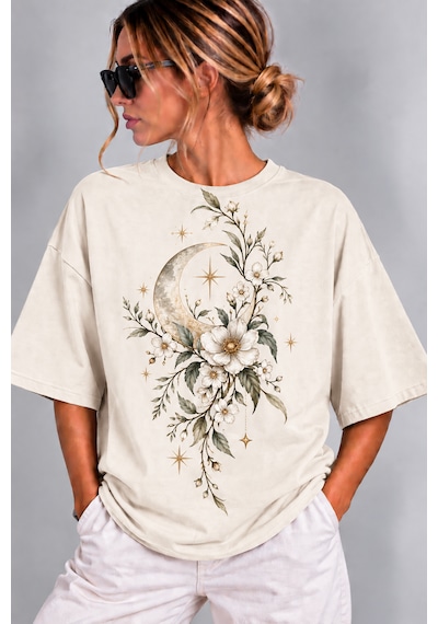 Velaura Studio Ay Işığı Çiçekleri Kadın T-shirt Ekru