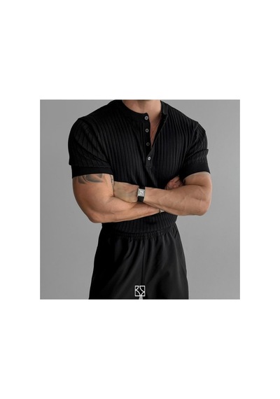 Cool Tarz Erkek Slim Dar Hakim Yaka Düz Triko T-shirt Haki Haki