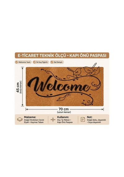 Coco Cc027a Welcome Kuş Desenli Kalın Kaymaz Taban Nem Alıcı Şık Tasarım Kapı Önü Paspası 45x75 Cm Bej