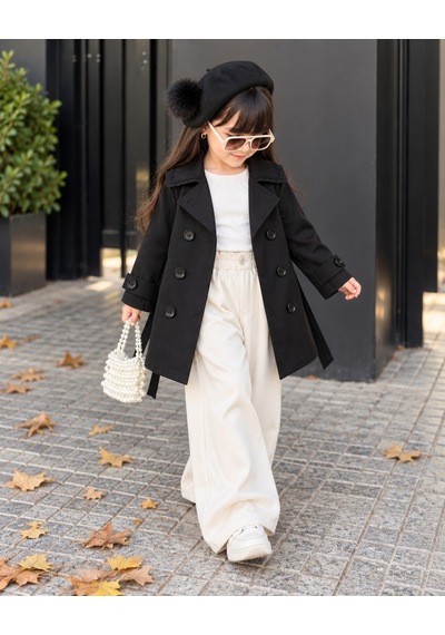 Kokoş Bebe Kız Çocuk Trençkot Kaşe Bere 2 Li Takım - 3/12 Yaş - 31944 Siyah
