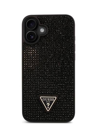Apple Uyumlu iPhone 16 Plus Kılıf Guess Lisanslı Üçgen Logolu Taşlı Kapak Siyah