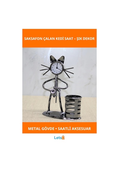 Şık Metal Saksafon Çalan Müzisyen Kedi Saat Ve Kalemlik Çok Renkli