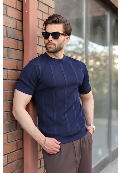 Madmext Lacivert Regular Fit Bisiklet Yaka Fitilli Triko Erkek Tişört E7490