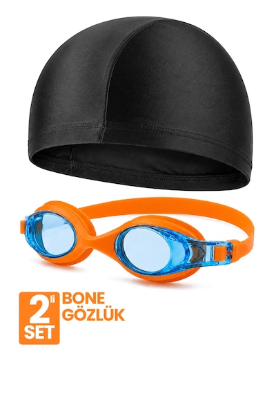 Set Yüzücü Gözlüğü Kumaş Bone Set Yüzme Havuz Deniz Gözlüğü Ve Bone Turuncu
