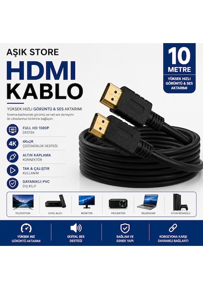 Hdmı Kablo 10 Metre Full Hd 1080p Yüksek Hızlı Görüntü Ve Ses Aktarım Kablosu Tv Monitör Projeksiyon Ps5 Xbox