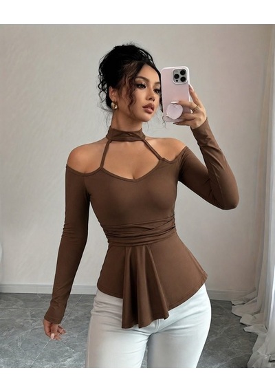 Veraura Lifestyle Kadın Omuzlardan Açık Yarı Balıkçı Yaka Uzun Kollu V Yakalı Onu Pileli Viskon Bluz kahverengi