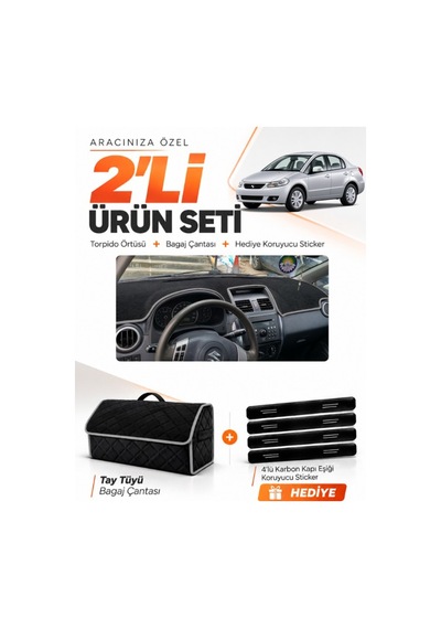 Suzukı Sx-4 2006-2014 Uyumlu Torpido Örtüsü + Tay Tüyü Bagaj Çantası + Sticker Seti - Siyah Gri