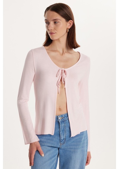 Tudors Kadın Regular Fit Uzun Kollu U Yaka Bağlama Detaylı Viskon Pembe Hırka-34446 Pembe
