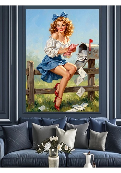 Mektup Okuyan Pin-up Kız Dekoratif Kanvas - Mdf Ahşap Tablo