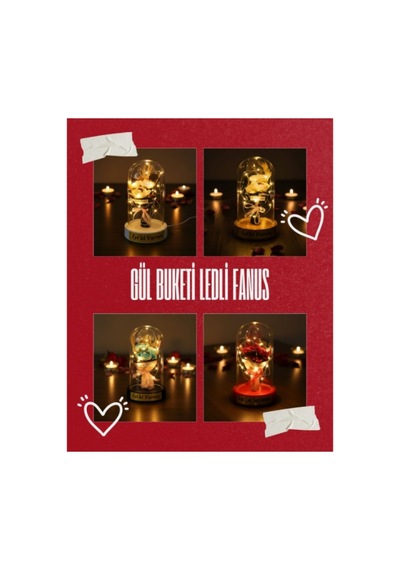 2 Adet Gül Buketi Ledli Fanus Led Aydınlatmalı Şeffaf Fanus, Üç Güllü Buket, Masa Komodin Dekor Three Rose Bouquet, Led Decorative Cloche