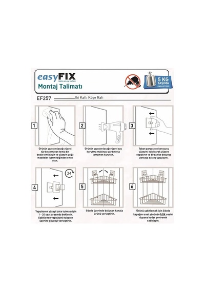 Banyo Köşe Rafı Kendinden Yapışkanlı 2 Katlı Easyfix Siyah Ef257 Siyah