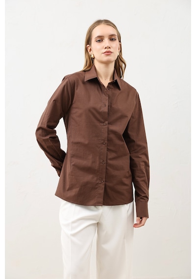 Antioch Basic Slim Fit Kadın Gömlek Açık Kahverengi