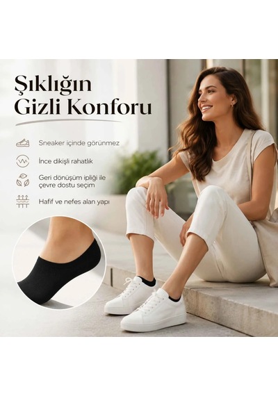 Genel Erkek Geri Dönüşüm İplikli 12 Li Görünmez Sneaker Çorap, İnce Dikişli, Nefes A Siyah 12'li / 39-44