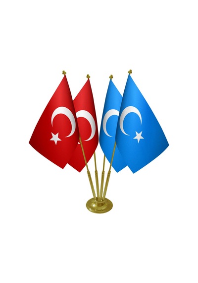 Masa Üstü Doğu Türkistan Bayrağı Türk Bayrağı Dörtlü Pirinç Direk