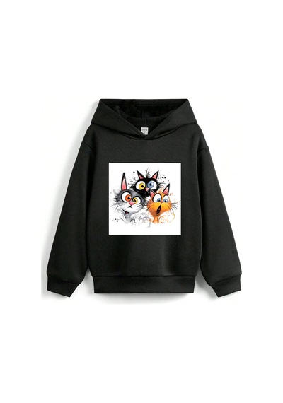 Stil X Sevimli Kediler Baskılı Kapüşonlu Çocuk Sweatshırt Siyah-3