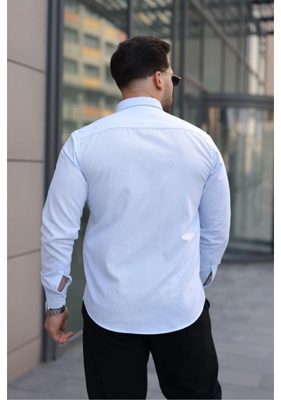 Baselco Premum Dik Yakalı Slim Fit Keten Görünümlü Gömlek A.mavi