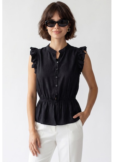 Mixray 4921 Kadın Volanlı Hakim Yaka Jakarlı Peplum Bluz Siyah