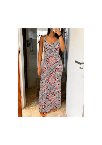 Butik İstanbul Kadın Ip Askılı V Yakalı Desenli Süprem Uzun Elbise Kırmızı