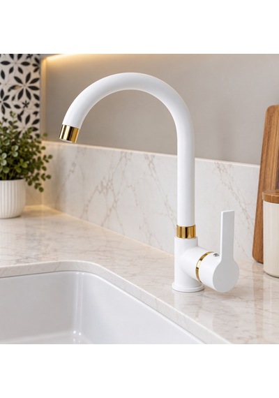 Viosa Beyaz Delta Gold Detaylı Banyo Lavabo Bataryası Aç Kapa Döner Borulu Musluk Siyah