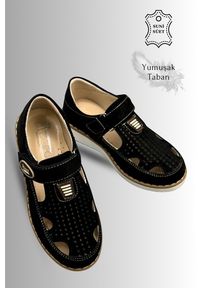Sermoda Çocuk Sandalet - Cırtlı Süet Yumuşak Taban Erkek Çocuk Sandalet Siyah