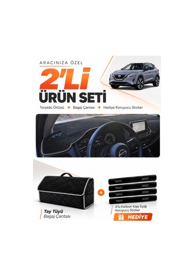 E-biz Nissan Qashqaı 2021-2024 Uyumlu Torpido Örtüsü + Tay Tüyü Bagaj Çantası - Siyah-gri - Nı021