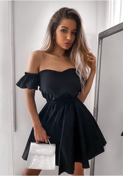 Fashion Cocktail Doğal Keten Kumaşlı Puf Kol Kabarık Straples Elbise Siyah
