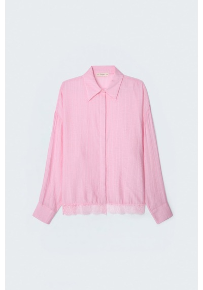 Sateen Dantel Detaylı Gömlek - Pembe-137693