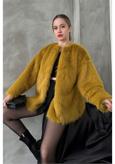 Verymoda Suni Kürk Ceket F1608 Yağ Yeşili