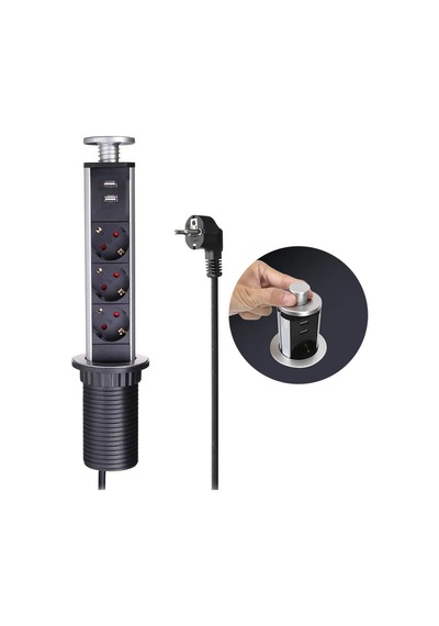 Xtechnx Xtechn246539 Vea Ve-24062 Üçlü 1.5 Metre Kablolu İki Usb Li 60mm Masaüstü Priz 1.5 M