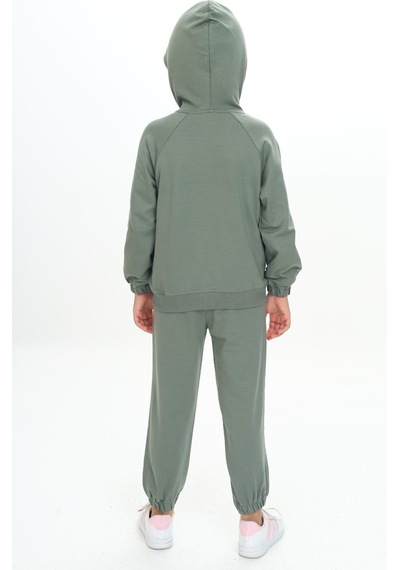 Toontoy Kids Kız Çocuk 2'li Takım Kapüşonlu Cepli Reglan Kol Sweatshirt & Beli Paçası Lastikli Cepli Jogger Eşofman Altı - 2 İplik Yeşil
